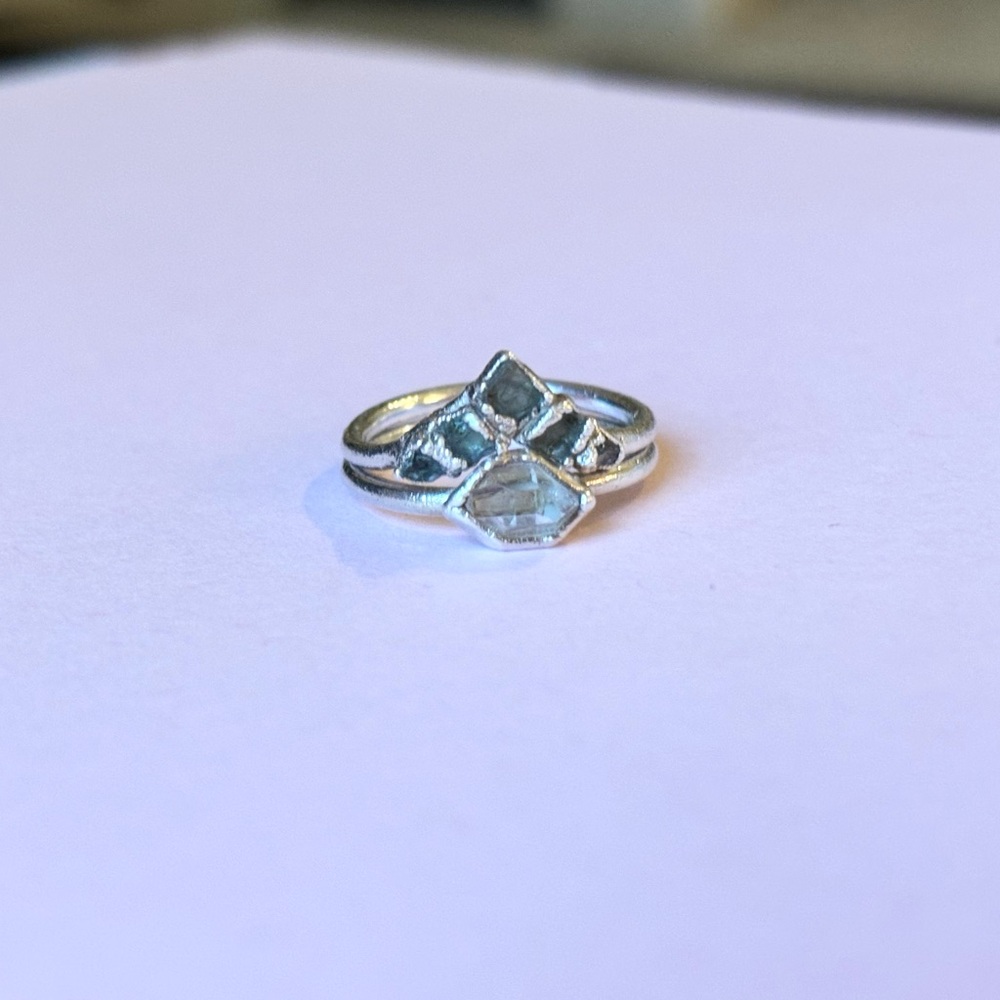 999 pure silver electroplated herkimer diamond and aquamarine ring set